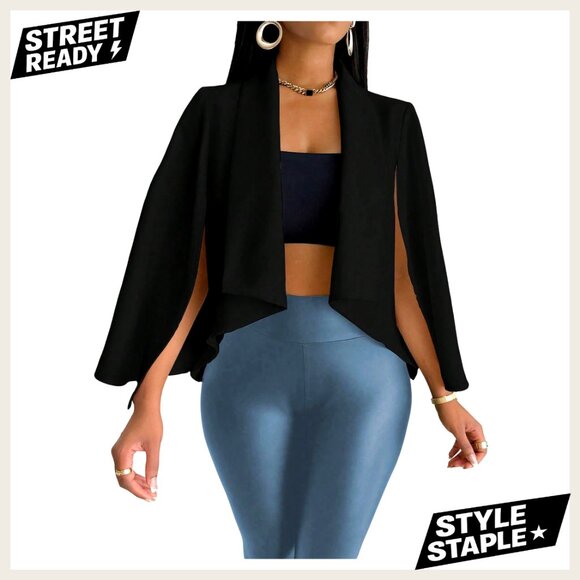 Long Sleeve Cropped Blazer Cape Jacket Open Front Lightweight Polyester